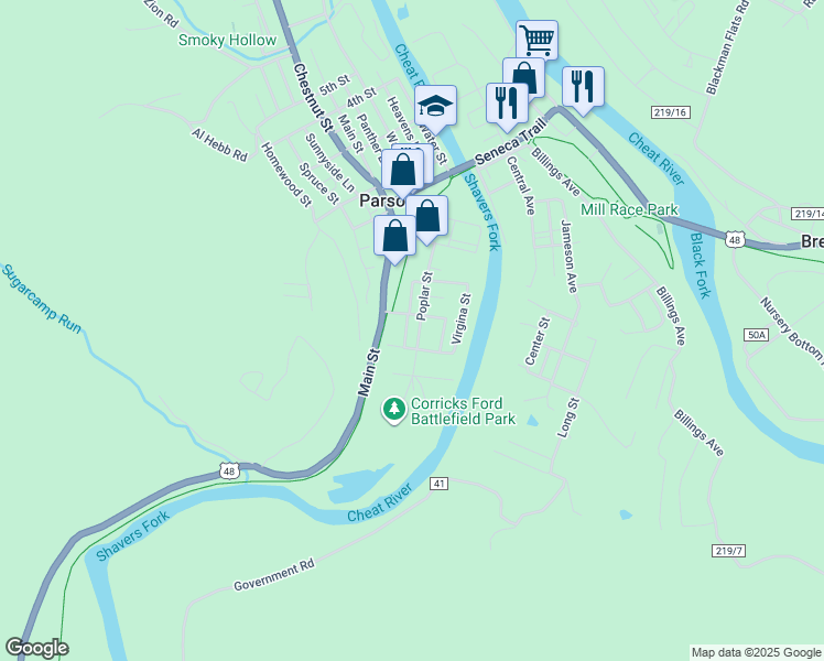 map of restaurants, bars, coffee shops, grocery stores, and more near 108-112 Kohler St in Parsons