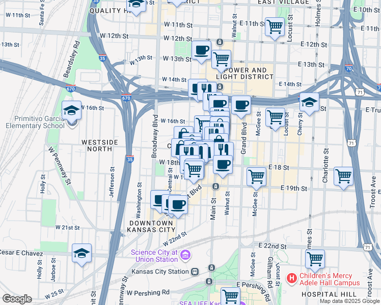 map of restaurants, bars, coffee shops, grocery stores, and more near 1703 Wyandotte Street in Kansas City