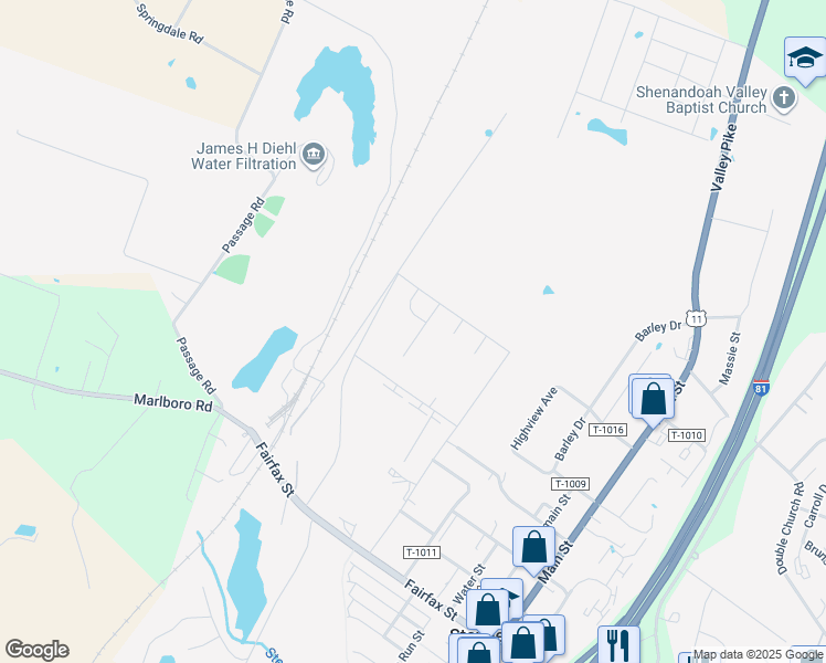 map of restaurants, bars, coffee shops, grocery stores, and more near 5372 Squirrel Lane in Stephens City