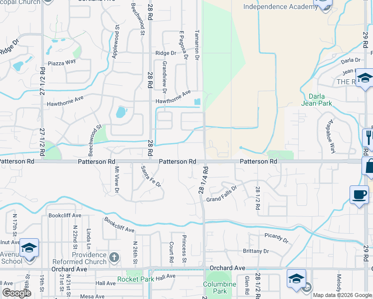 map of restaurants, bars, coffee shops, grocery stores, and more near 2814 Patterson Road in Grand Junction