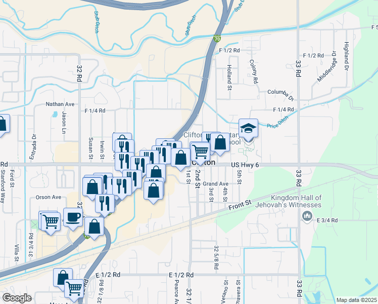 map of restaurants, bars, coffee shops, grocery stores, and more near 3251 Villasur Drive in Clifton