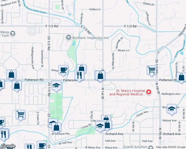 map of restaurants, bars, coffee shops, grocery stores, and more near 2594 Patterson Road in Grand Junction
