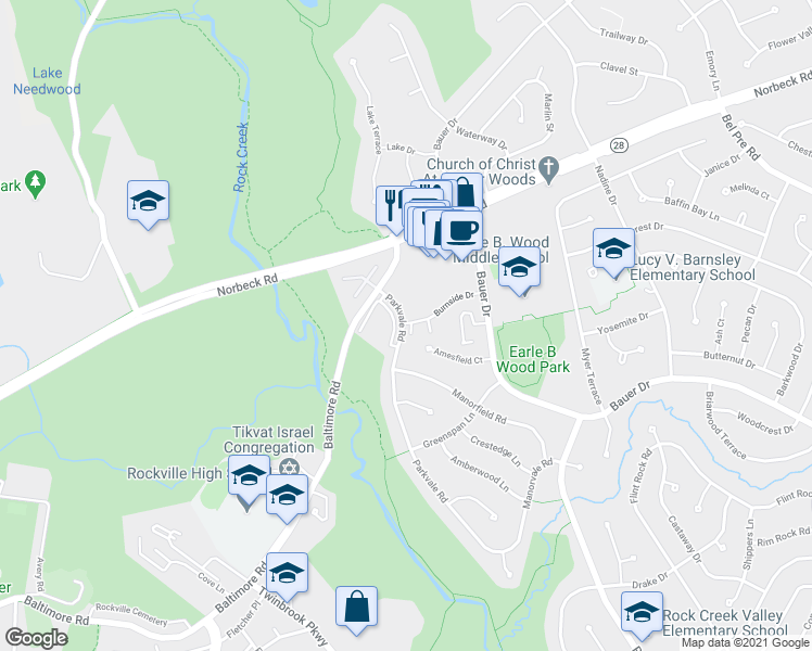 map of restaurants, bars, coffee shops, grocery stores, and more near 5574 Burnside Drive in Rockville