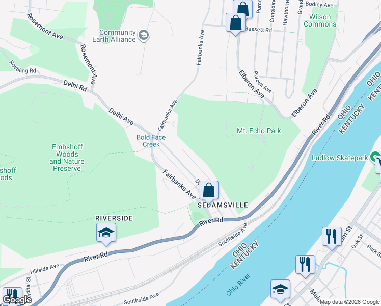 map of restaurants, bars, coffee shops, grocery stores, and more near 770 Delhi Avenue in Cincinnati