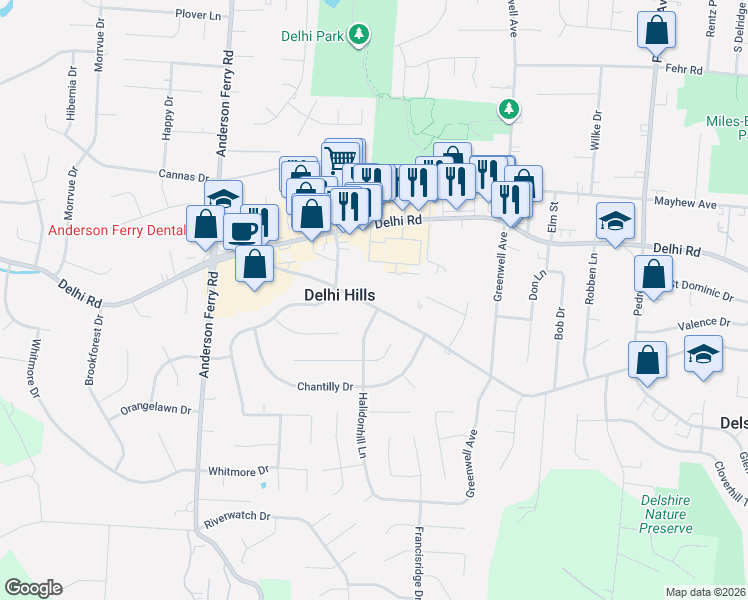 map of restaurants, bars, coffee shops, grocery stores, and more near in Delhi Hills