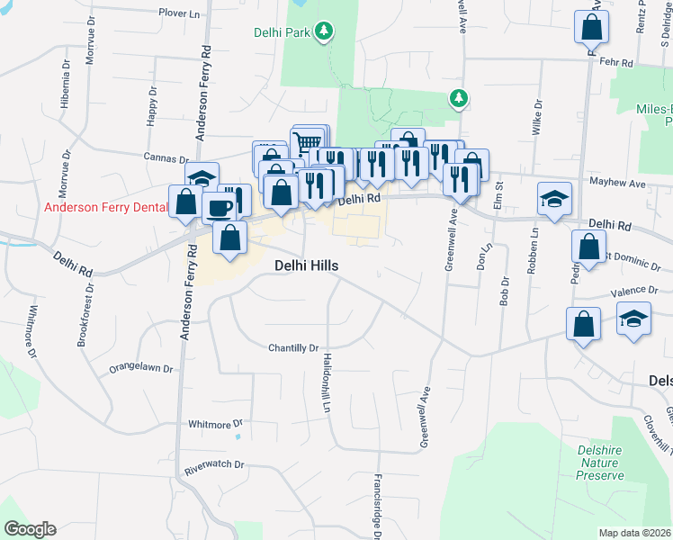 map of restaurants, bars, coffee shops, grocery stores, and more near in Delhi Hills