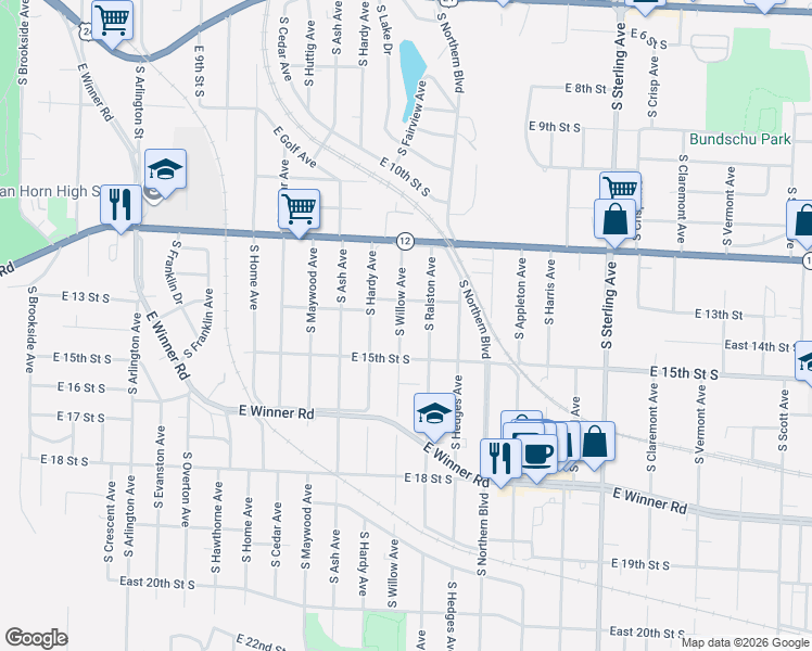 map of restaurants, bars, coffee shops, grocery stores, and more near 1405 South Willow Avenue in Independence