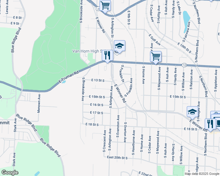 map of restaurants, bars, coffee shops, grocery stores, and more near 1323 South Arlington Avenue in Independence