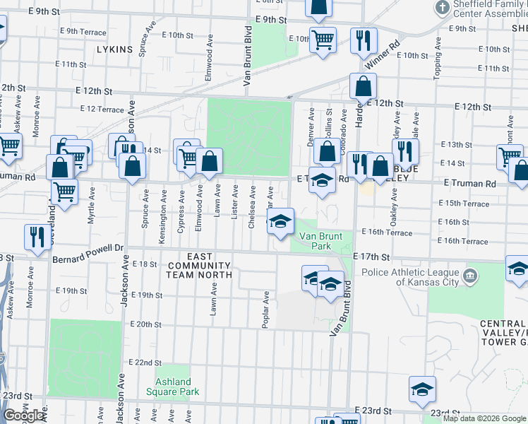 map of restaurants, bars, coffee shops, grocery stores, and more near 1531 Chelsea Avenue in Kansas City