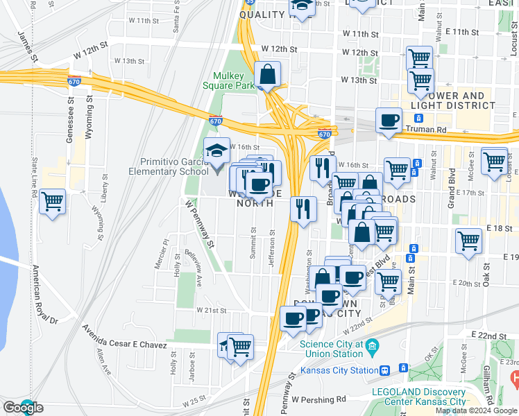 map of restaurants, bars, coffee shops, grocery stores, and more near 1700 Summit Street in Kansas City
