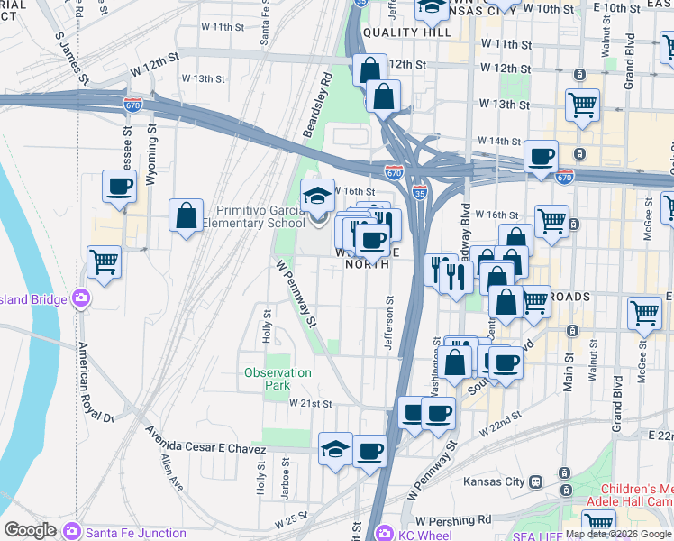 map of restaurants, bars, coffee shops, grocery stores, and more near 821 West 17 Street in Kansas City