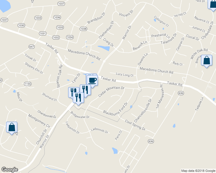map of restaurants, bars, coffee shops, grocery stores, and more near 124 Cedar Mountain Drive in Stephens City