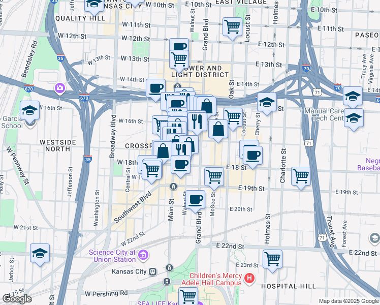 map of restaurants, bars, coffee shops, grocery stores, and more near 1719 Walnut Street in Kansas City