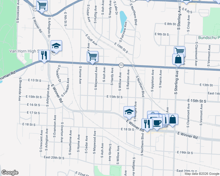 map of restaurants, bars, coffee shops, grocery stores, and more near 1405 South Hardy Avenue in Independence