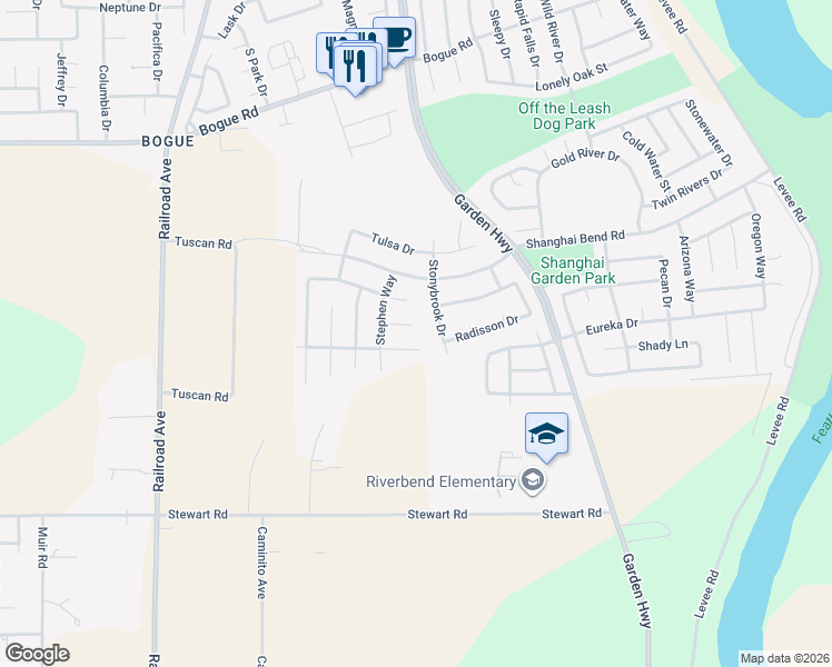 map of restaurants, bars, coffee shops, grocery stores, and more near 609 Falling Rock Court in Yuba City