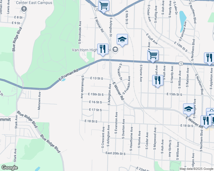 map of restaurants, bars, coffee shops, grocery stores, and more near 9520 East 14th Street South in Independence