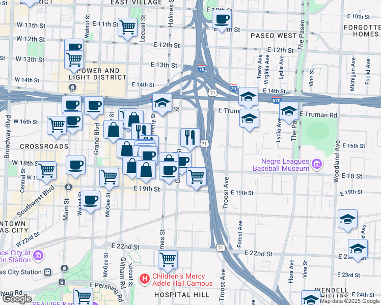 map of restaurants, bars, coffee shops, grocery stores, and more near 1708 Campbell Street in Kansas City