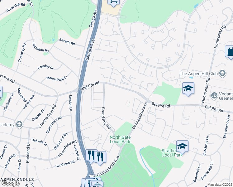 map of restaurants, bars, coffee shops, grocery stores, and more near 3722 Bel Pre Road in Silver Spring
