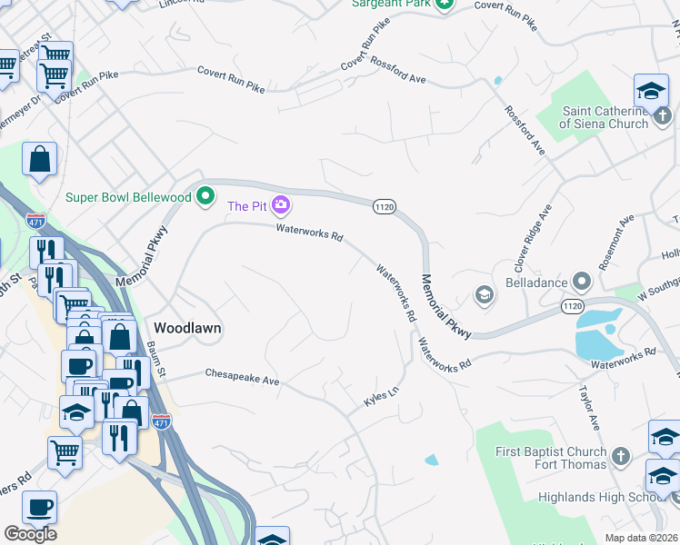 map of restaurants, bars, coffee shops, grocery stores, and more near 1446A Waterworks Road in Fort Thomas