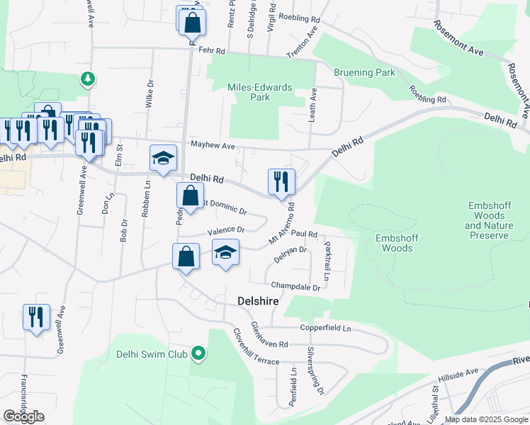 map of restaurants, bars, coffee shops, grocery stores, and more near 4314 Saint Dominic Drive in Cincinnati