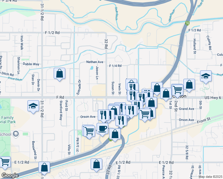 map of restaurants, bars, coffee shops, grocery stores, and more near 608 32 Road in Clifton
