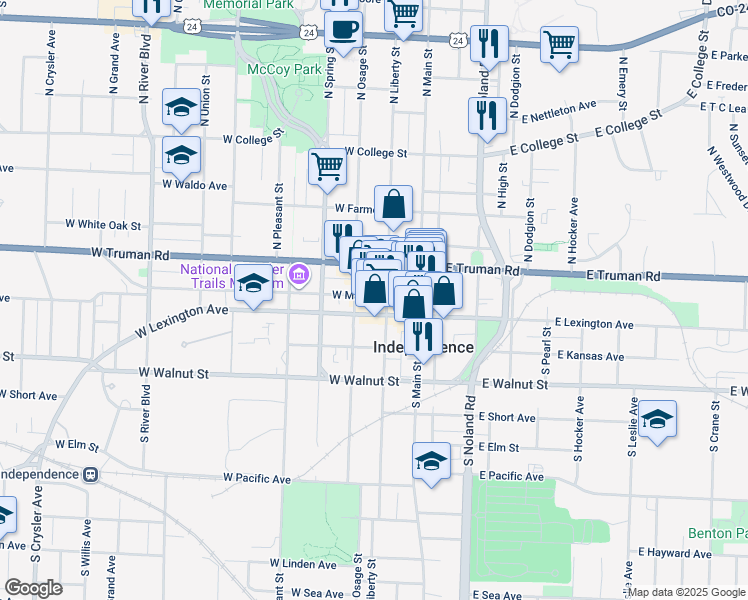 map of restaurants, bars, coffee shops, grocery stores, and more near 202 West Maple Avenue in Independence