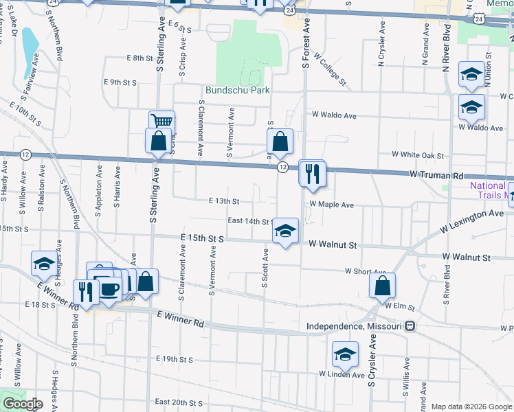 map of restaurants, bars, coffee shops, grocery stores, and more near 1401 South Cunningham Avenue in Independence