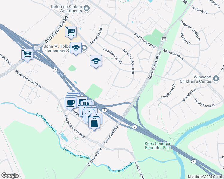 map of restaurants, bars, coffee shops, grocery stores, and more near 814 Saddleback Place Northeast in Leesburg