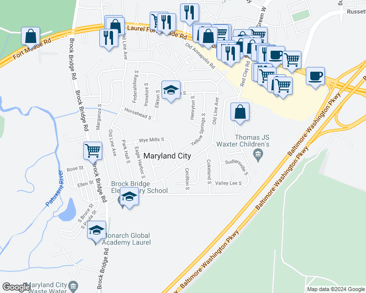 map of restaurants, bars, coffee shops, grocery stores, and more near 3386 Yellow Springs South in Laurel