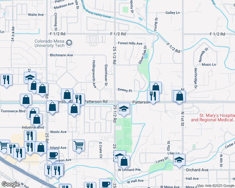 map of restaurants, bars, coffee shops, grocery stores, and more near 601-607 25 1/2 Road in Grand Junction