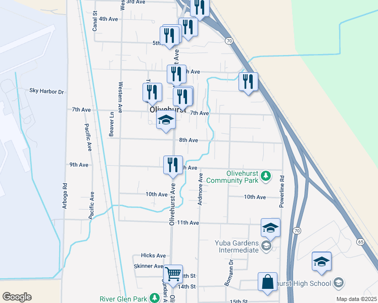 map of restaurants, bars, coffee shops, grocery stores, and more near 4791 Olivehurst Avenue in Olivehurst