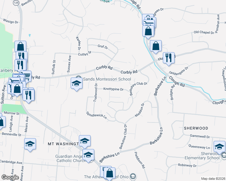 map of restaurants, bars, coffee shops, grocery stores, and more near 6610 Knottypine Drive in Cincinnati