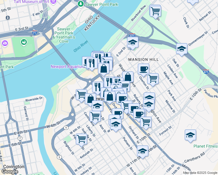 map of restaurants, bars, coffee shops, grocery stores, and more near 342 Monmouth Street in Newport