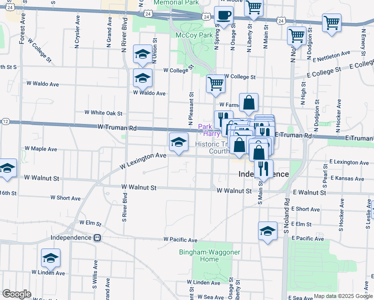 map of restaurants, bars, coffee shops, grocery stores, and more near 520 West Maple Avenue in Independence