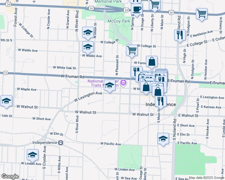 map of restaurants, bars, coffee shops, grocery stores, and more near 520 West Maple Avenue in Independence