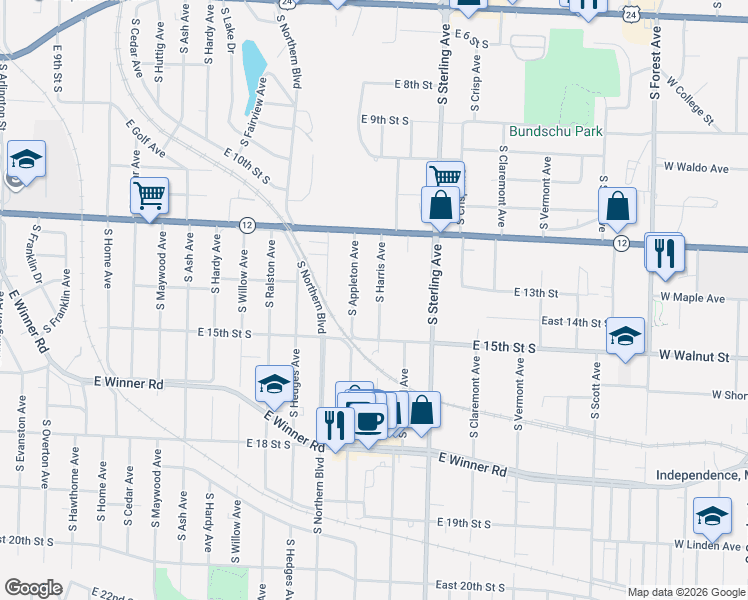 map of restaurants, bars, coffee shops, grocery stores, and more near 1405 South Appleton Avenue in Independence