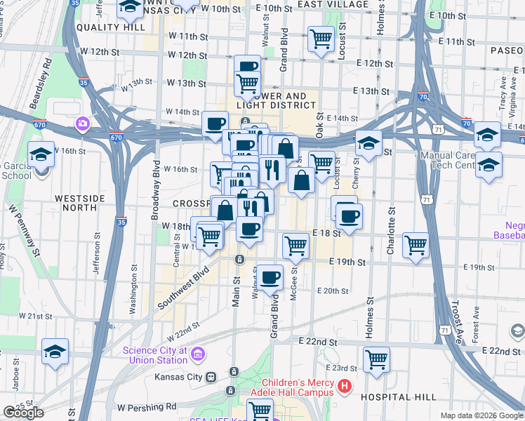 map of restaurants, bars, coffee shops, grocery stores, and more near 1710 Walnut Street in Kansas City