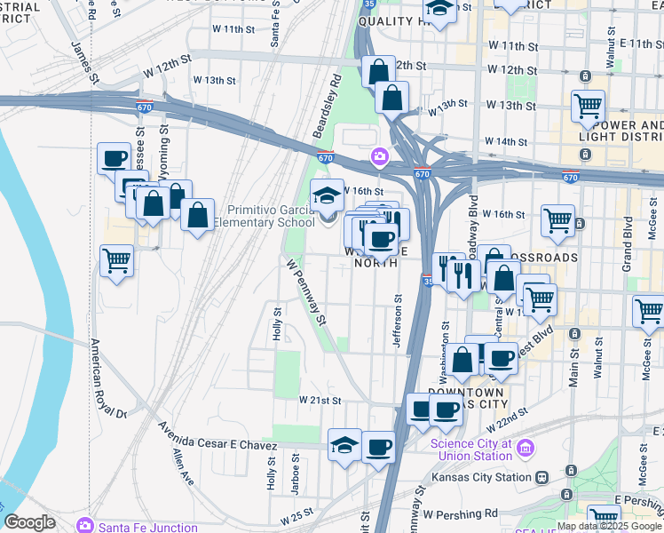 map of restaurants, bars, coffee shops, grocery stores, and more near 1009 West 17th Street in Kansas City