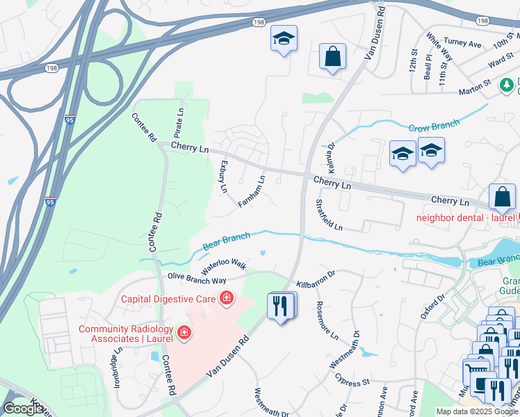 map of restaurants, bars, coffee shops, grocery stores, and more near 7304 Wellbrook Court in Laurel