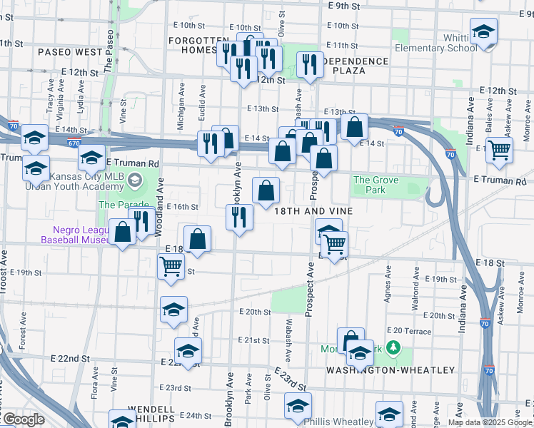 map of restaurants, bars, coffee shops, grocery stores, and more near 1600 Olive Street in Kansas City