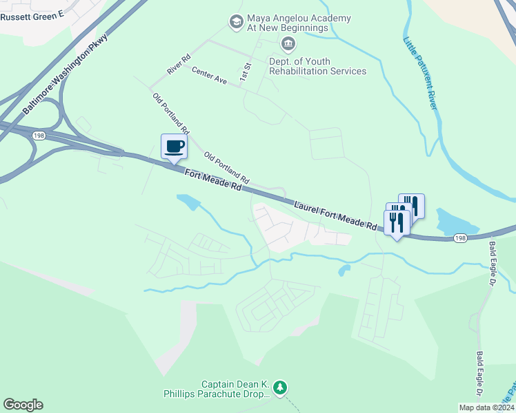 map of restaurants, bars, coffee shops, grocery stores, and more near 312 Ibis Court in Laurel