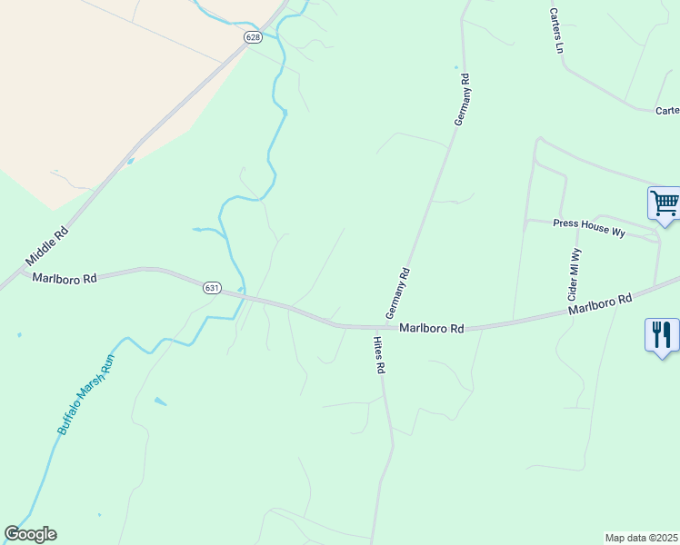 map of restaurants, bars, coffee shops, grocery stores, and more near 174 Oak Hill Drive in Stephens City