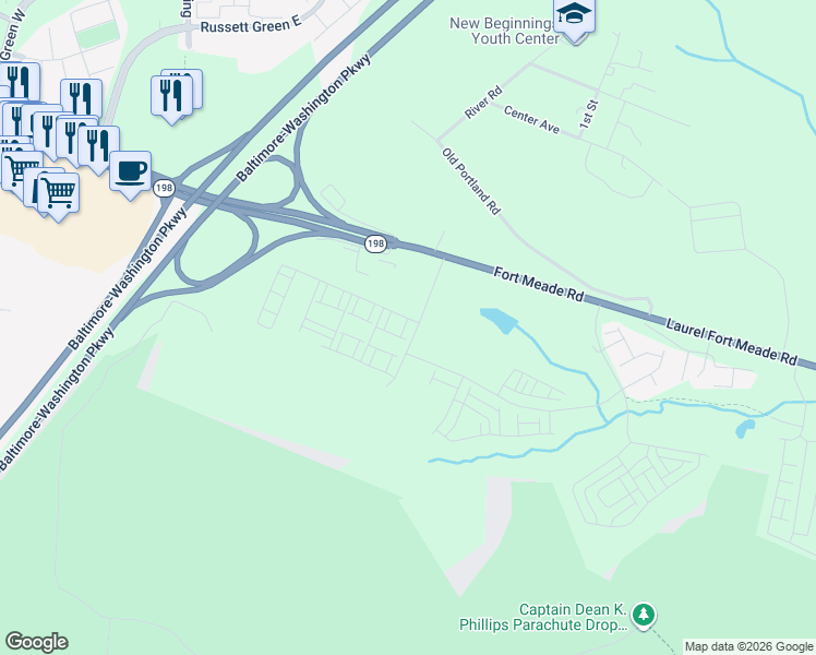 map of restaurants, bars, coffee shops, grocery stores, and more near 1205 Bear Oak Lane in Laurel