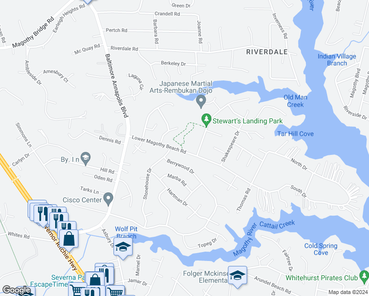 map of restaurants, bars, coffee shops, grocery stores, and more near 232 Lower Magothy Beach Road in Severna Park
