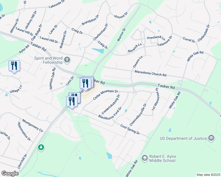 map of restaurants, bars, coffee shops, grocery stores, and more near 116 Cedar Mountain Drive in Stephens City