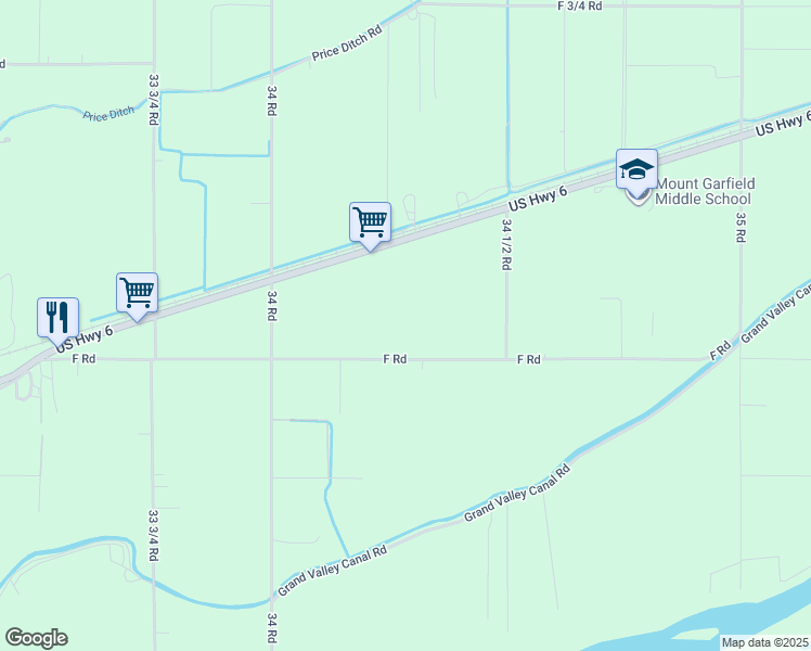 map of restaurants, bars, coffee shops, grocery stores, and more near 3424 F Road in Clifton