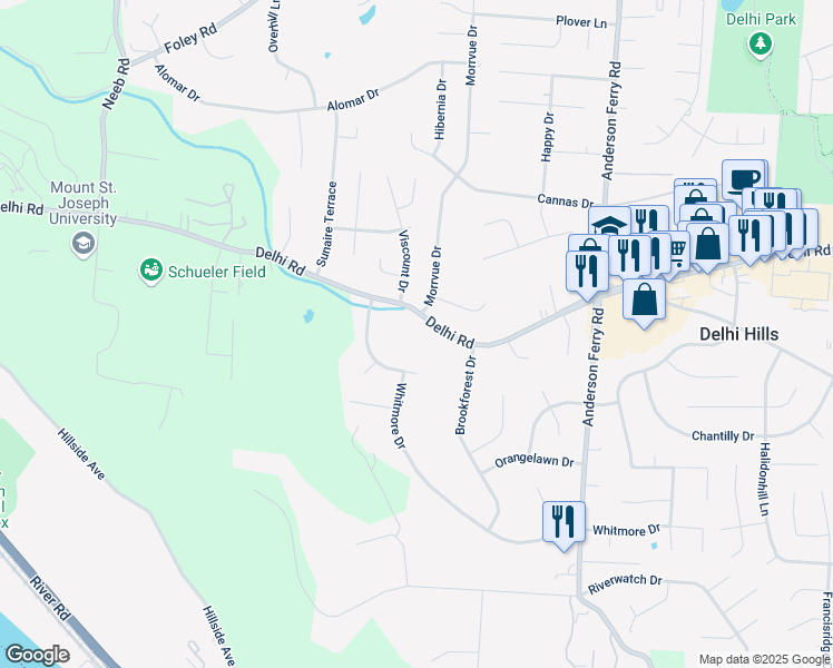 map of restaurants, bars, coffee shops, grocery stores, and more near 5443 Delhi Road in Cincinnati