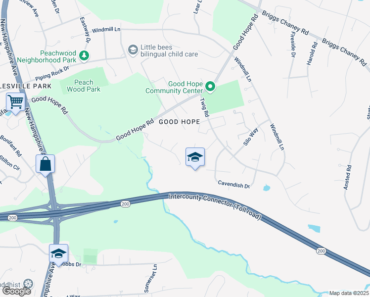 map of restaurants, bars, coffee shops, grocery stores, and more near 14515 Good Hope Road in Silver Spring