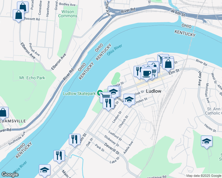 map of restaurants, bars, coffee shops, grocery stores, and more near 479 Victoria Street in Ludlow