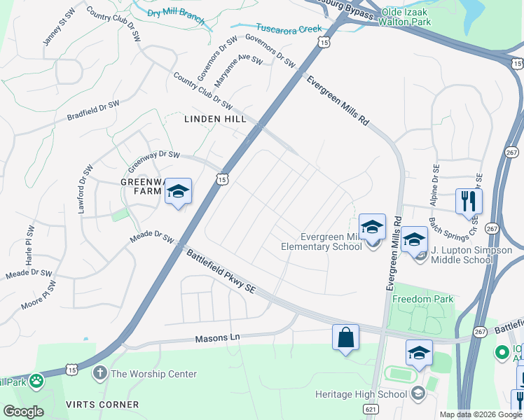 map of restaurants, bars, coffee shops, grocery stores, and more near Themis Street Southeast in Leesburg